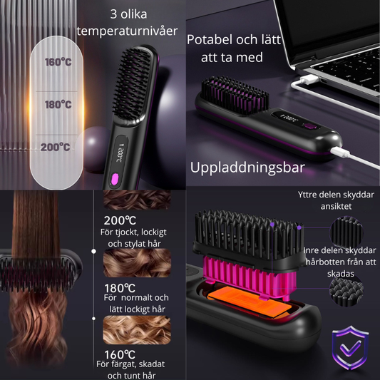 Trådlös Hårborste & Plattång 2-i-1 – Snabb Styling Hemma & På Resa
